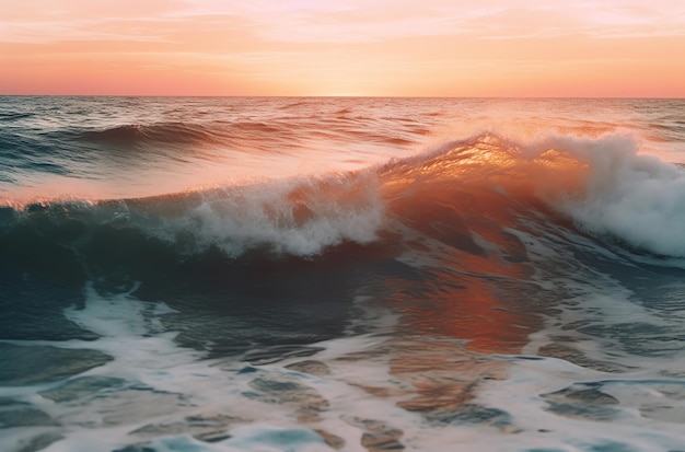 Golven op het strand bij zonsondergang