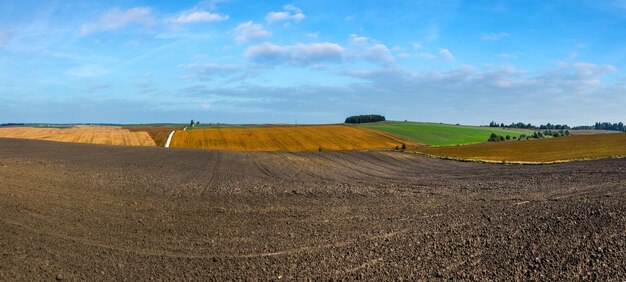 Golvende heuvels, kleurrijke stukken land in de herfst, akkers en landbouwgronden, bouwland, sojabonen, wintertarwe