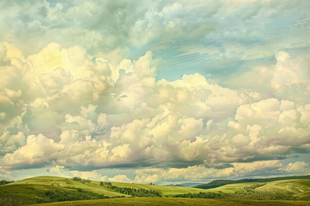 Golvende wolken drijven lui over een pastelkleurige lucht en werpen rustgevende schaduwen over glooiende heuvels.