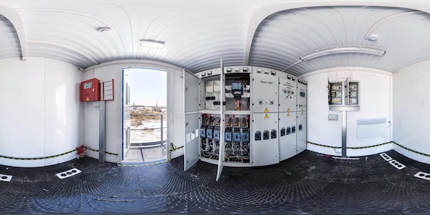 GOMEL BELARUS FEBRUARY 2017 panorama 360 angle in interior high voltage power unit shield Full spherical 360 degrees seamless panorama in equirectangular equidistant projection VR AR content