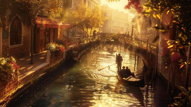 A gondola ride down a narrow canal in Venice Italy The water is a deep blue and the buildings are a warm yellow