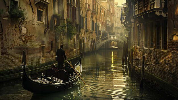 A gondola ride through a narrow canal in Venice The gondolier is wearing a black and white striped shirt and a straw hat