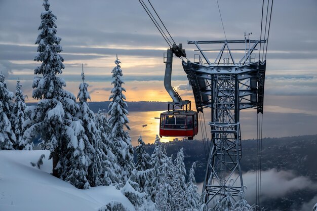 Gondola during a vibrant winter sunset