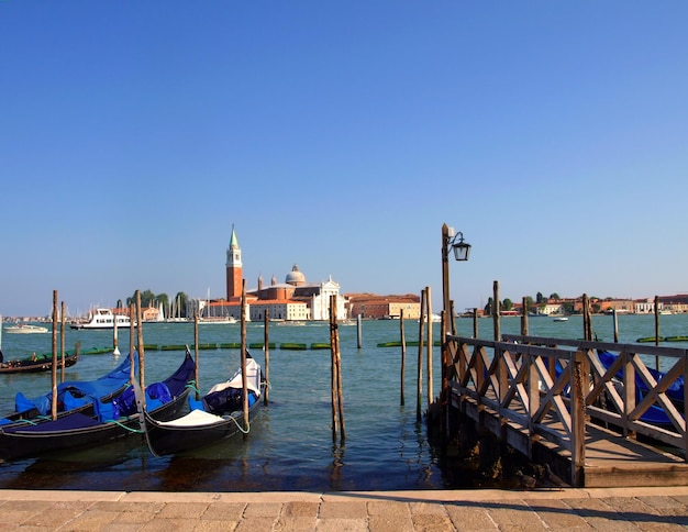 Gondolas anchored on Grand Canal in Venice