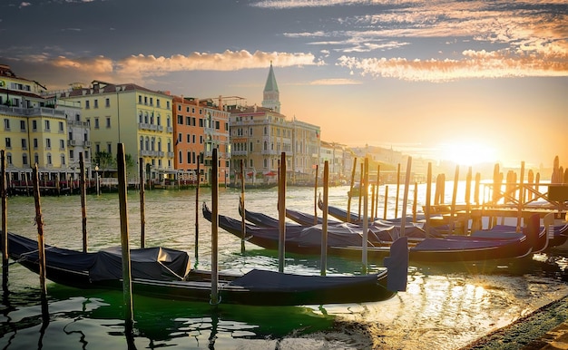 Gondolas and architecture in Venice at sunset, Italy