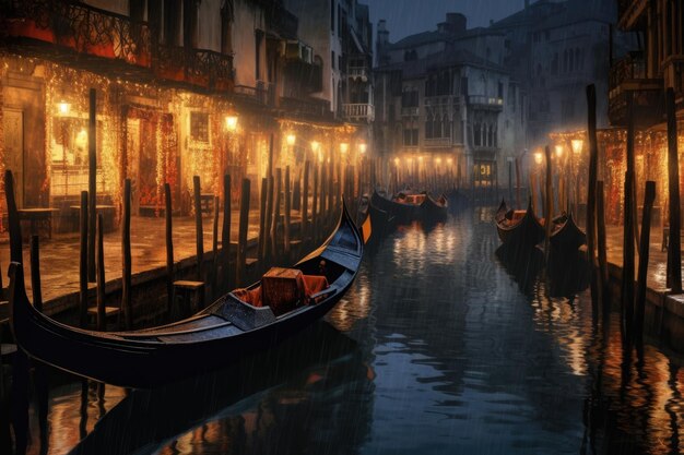 Gondolas illuminated by soft lamplight at night created with generative ai