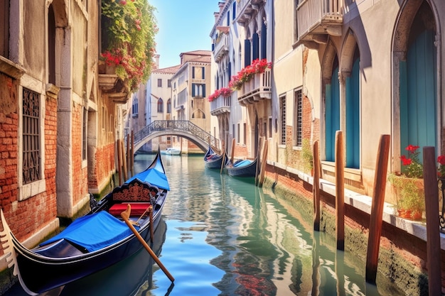 Gondolas parked near a picturesque venetian street created with generative ai