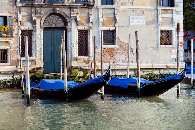 Gondolas in Venice in Italy, parking of gondolas