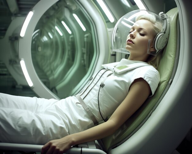 Photo gonzo editorial stunning woman captured in hospitalstyle space station photography