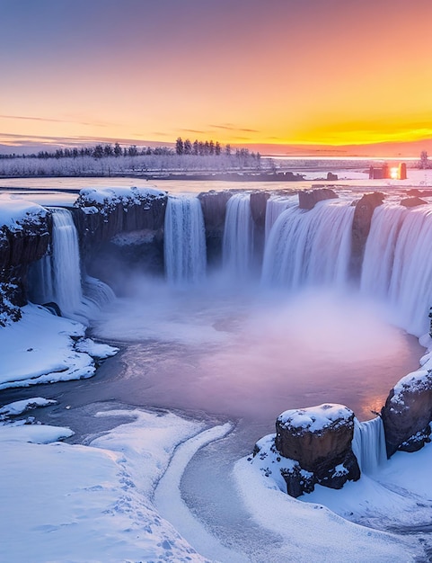 Good afros waterfall at sunset in winter Iceland