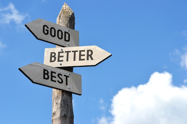 Good better best wooden signpost with three arrows