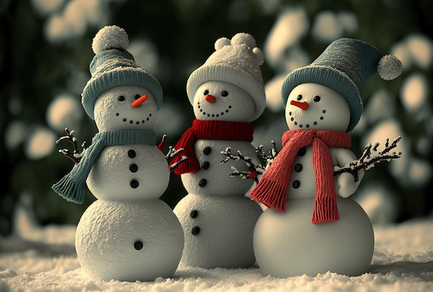 良い会社 クリスマス ツリーの横にある 3 つのおもちゃの雪だるま