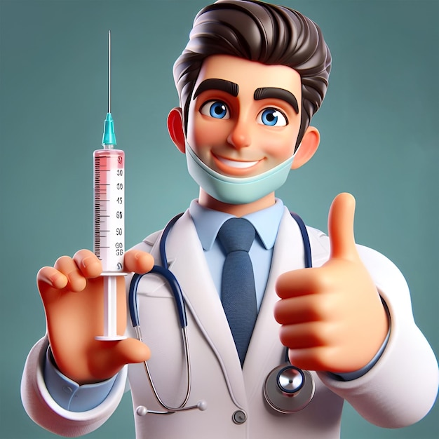 A good doctor holding a syringe potrait 3d cartoon 01