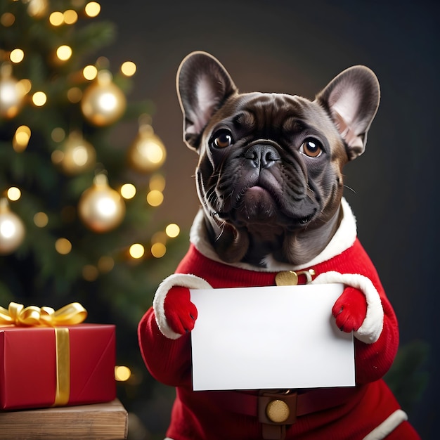 Foto buon cane buon bulldog francese testo modello di logo dicembre modello di natale