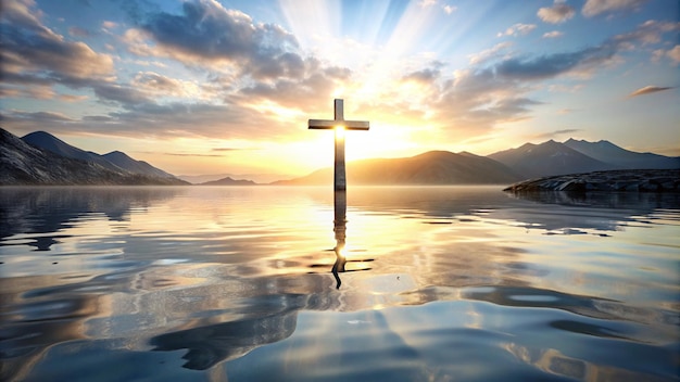 Фото Концепция страстной пятницы христианский крест, погруженный в спокойное озеро, символизирующий крещение и возрождение