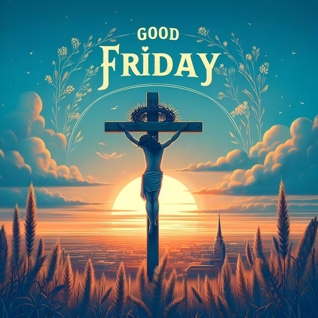 Photo good friday illustration with blue sky and the serene sunset in the background create a peaceful