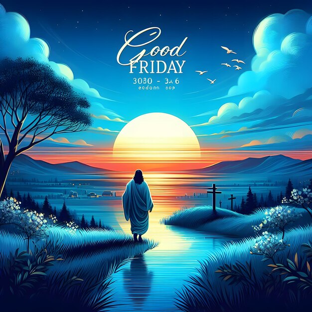 Good Friday Illustration with blue sky and the serene sunset in the background create a peaceful