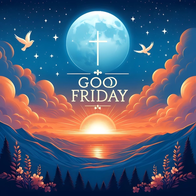 Good Friday Illustration with blue sky and the serene sunset in the background create a peaceful