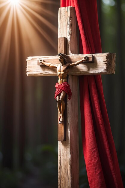 Образец плаката "Добрая пятница" с крестом из дерева с красным шалом, освещенным солнечным светом.
