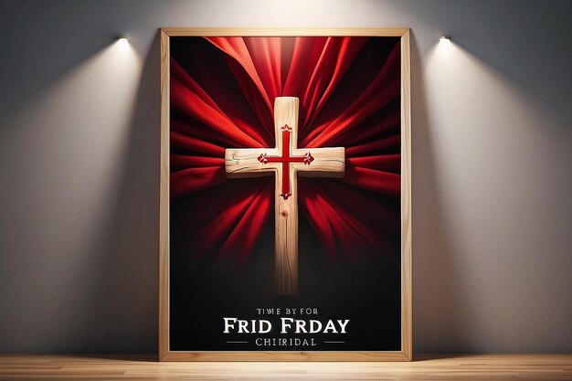 Good friday poster template with cross made of wood with red shawl illuminated with sunlight blurr