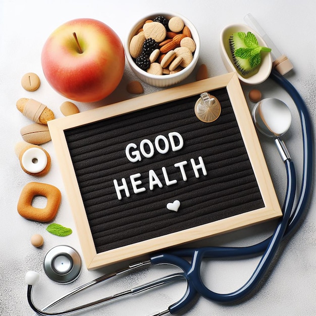 Good health message board with stethoscope on white background