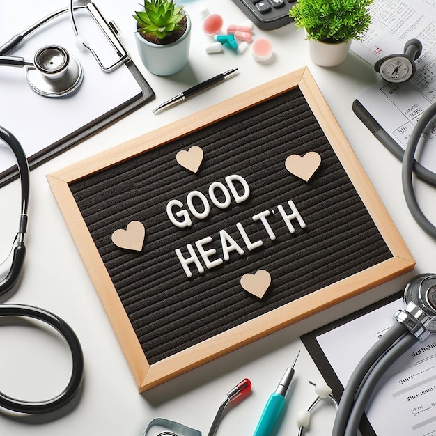 Good health message board with stethoscope on white background