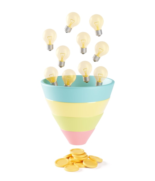 Photo good ideas bring money light bulbs fall into the sales funnel isolated on white background 3d render