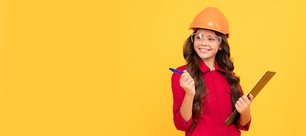 Good job future engineer study at school sight check teen girl in protective glasses Child builder