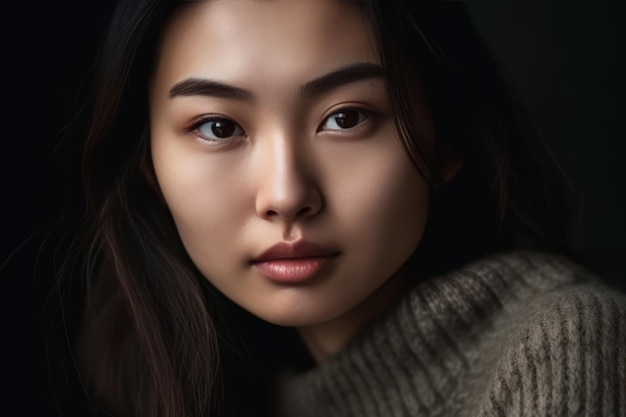 good looking asian woman in a light sweater is posing in front of the camera she is serious and conc