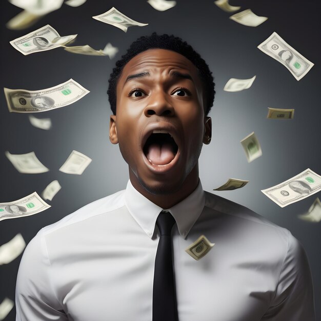 Красивый молодой чернокожий мужчина, окруженный летящими деньгами, держит рот открытым.