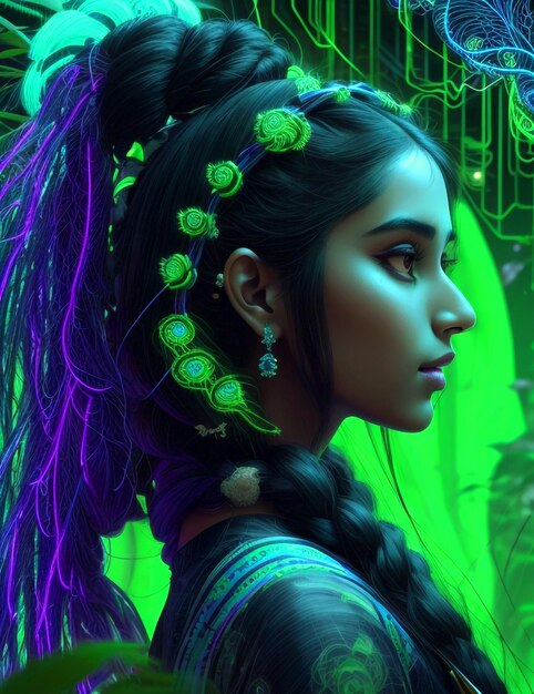 Good looking front side Indian woman with long black hair in space buns