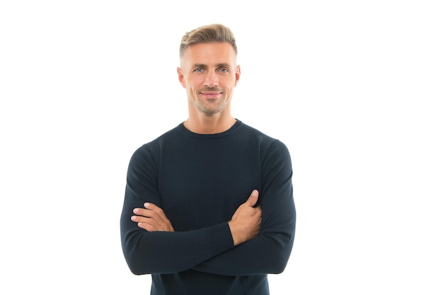 Good looking guy isolated on white. male fashion style. mens beauty. mature handsome man with hairstyle. hairdresser concept. confident businessman wearing casual. confidence.