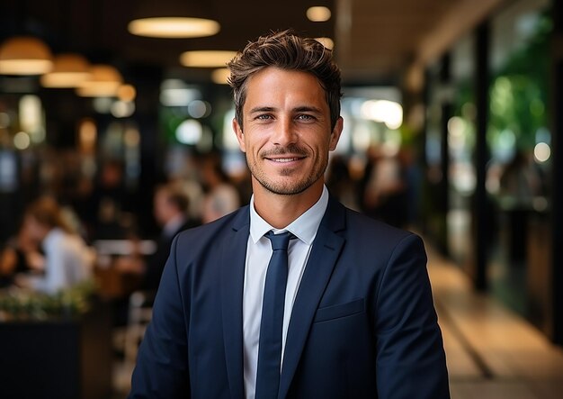 Good looking smiling guy in suit working in corporation making business