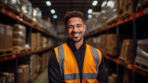 A good looking warehouse worker holding