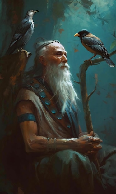 A good magician wizard man with a bird on his shoulder sitting by a tree in the forest AI generation