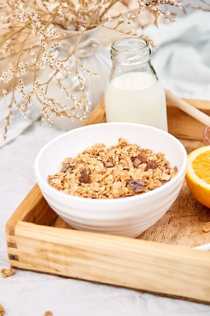 Photo good morning. breakfast on white bed sheets.