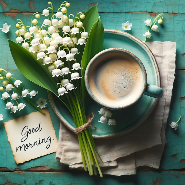 Good morning coffee and lily of the valley on turquoise table