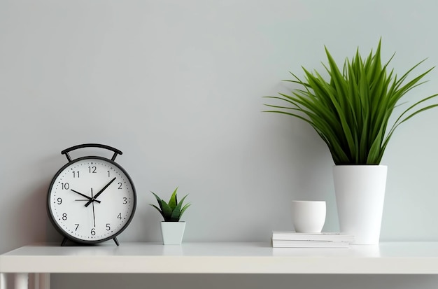 good morning concept alarm clock and houseplant on bedside table and copy space over white wall background