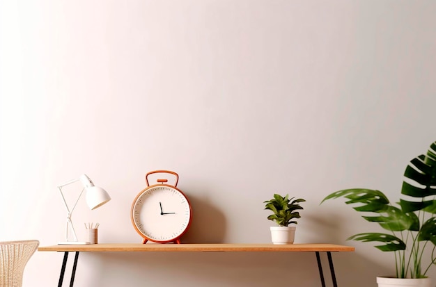 좋은 아침 개념 현대적인 알람 시계 및 생성된 테이블 ai에 관엽 식물