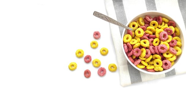 Good morning Light quick breakfast Multicolored cereals flakes with milk Kids food