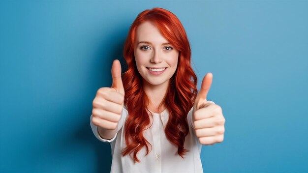 Foto buon lavoro piaciuto attraente tenero elegante ragazza dai capelli rossi lunghi taglio di capelli rosso mostra il pollice approva