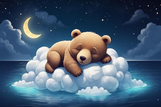 Good night and sleep tight cute bear sleeping on a white cloud over the sea at night