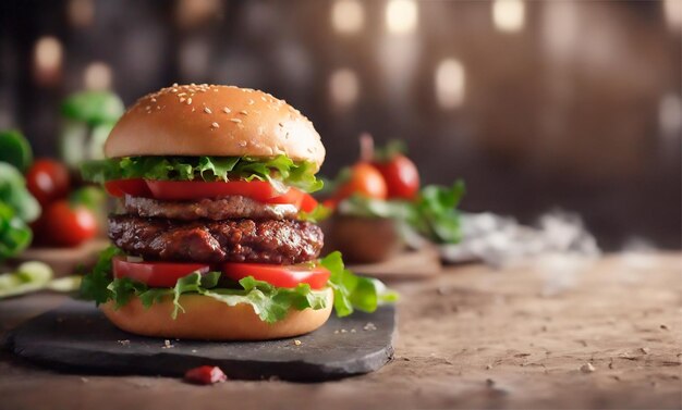 A good proper burger with a cutlet tomatoes and cucumbers