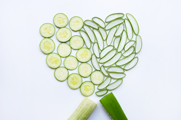 Good skin care and healthy with natural ingredients aloe vera and cucumbers isolated on white