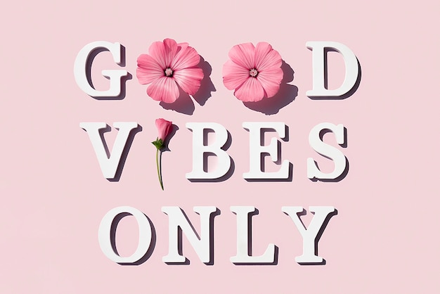 Good vibes only Motivational quote from white letters and beauty natural flowers on pink background Creative concept inspirational quote of the day