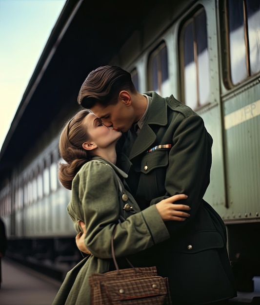 別れの列車駅キスする愛の兵士WWII 駅 列車 別れの...