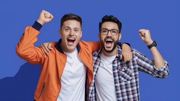 Photo goodhumored excited man in orange jacket and his friend in checkered shirt rejoice and scream on bl