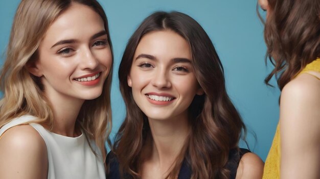 Goodhumoured girls talking on blue background studio shot of cheerful friends