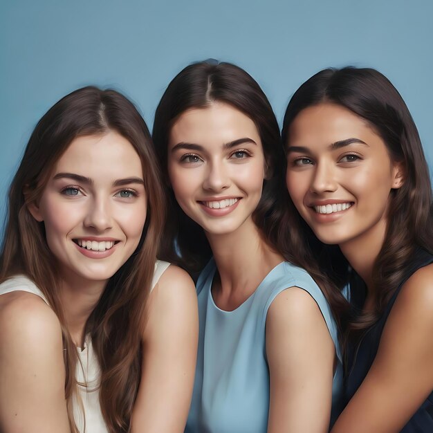 Goodhumoured girls talking on blue background studio shot of cheerful friends