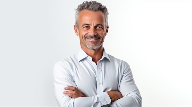 Goodlooking middleaged businessman with arms crossed isolated